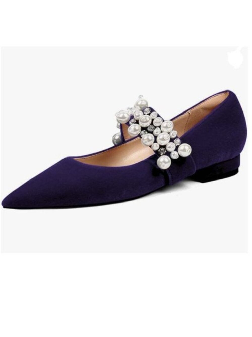 XYD Dark Purple Pointed Toe Velvet Flats Pearl Strap Beaded Mary Janes Shoes